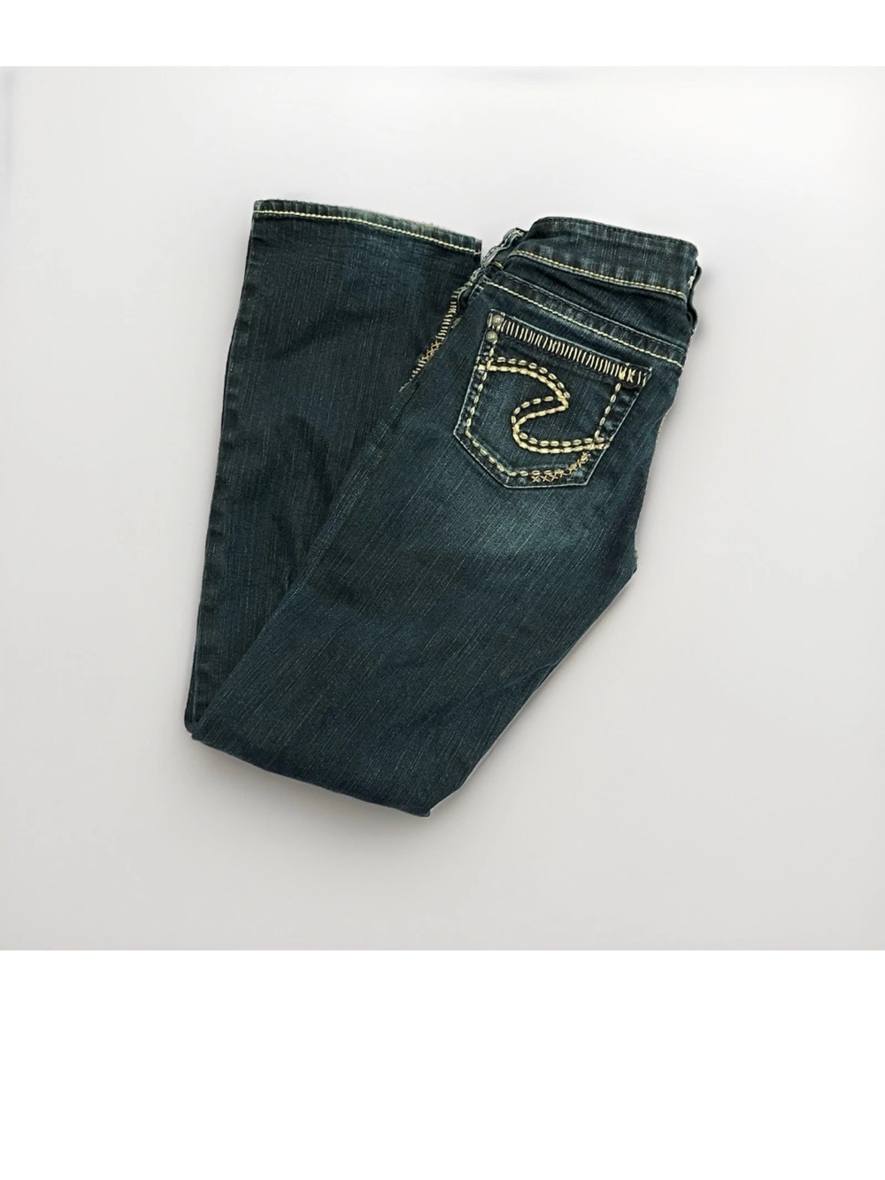 Silver Jeans Womens Y2K Aiko Bootcut Dark Distressed Bold White Stitch, 26X31